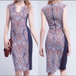 Anthropologie Blue and Brown Midi Dress